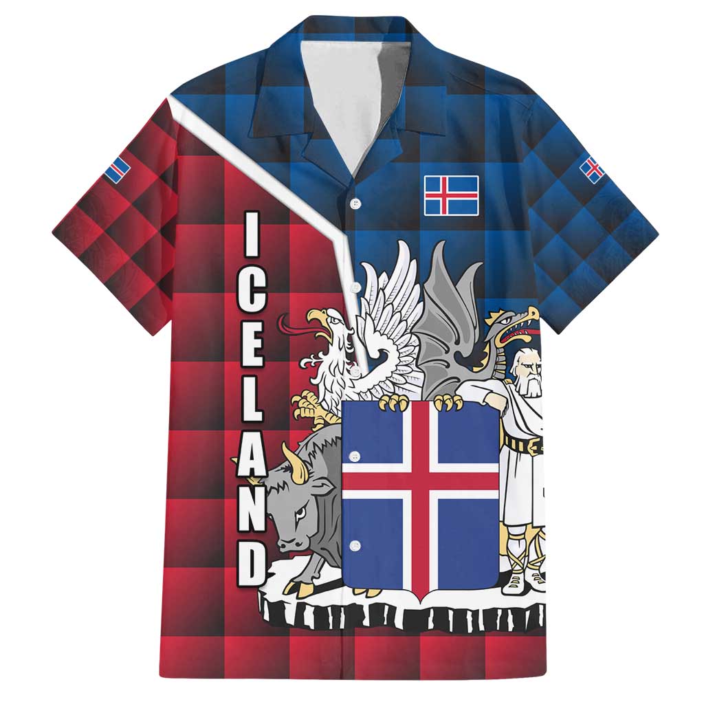 Iceland Crest Family Matching Off Shoulder Short Dress and Hawaiian Shirt with Viking Dragon and Icelandic Flag Plaid Pattern - Wonder Print Shop