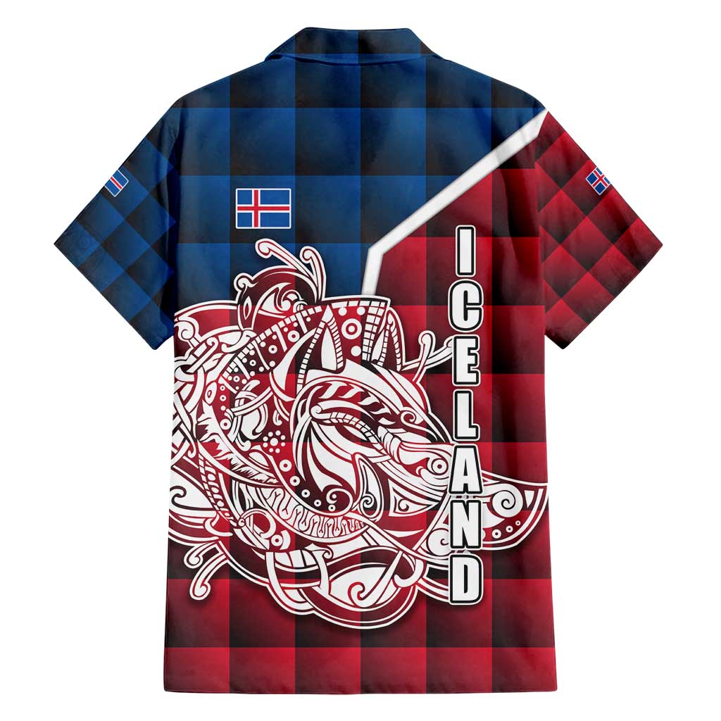 Iceland Crest Family Matching Off Shoulder Short Dress and Hawaiian Shirt with Viking Dragon and Icelandic Flag Plaid Pattern - Wonder Print Shop