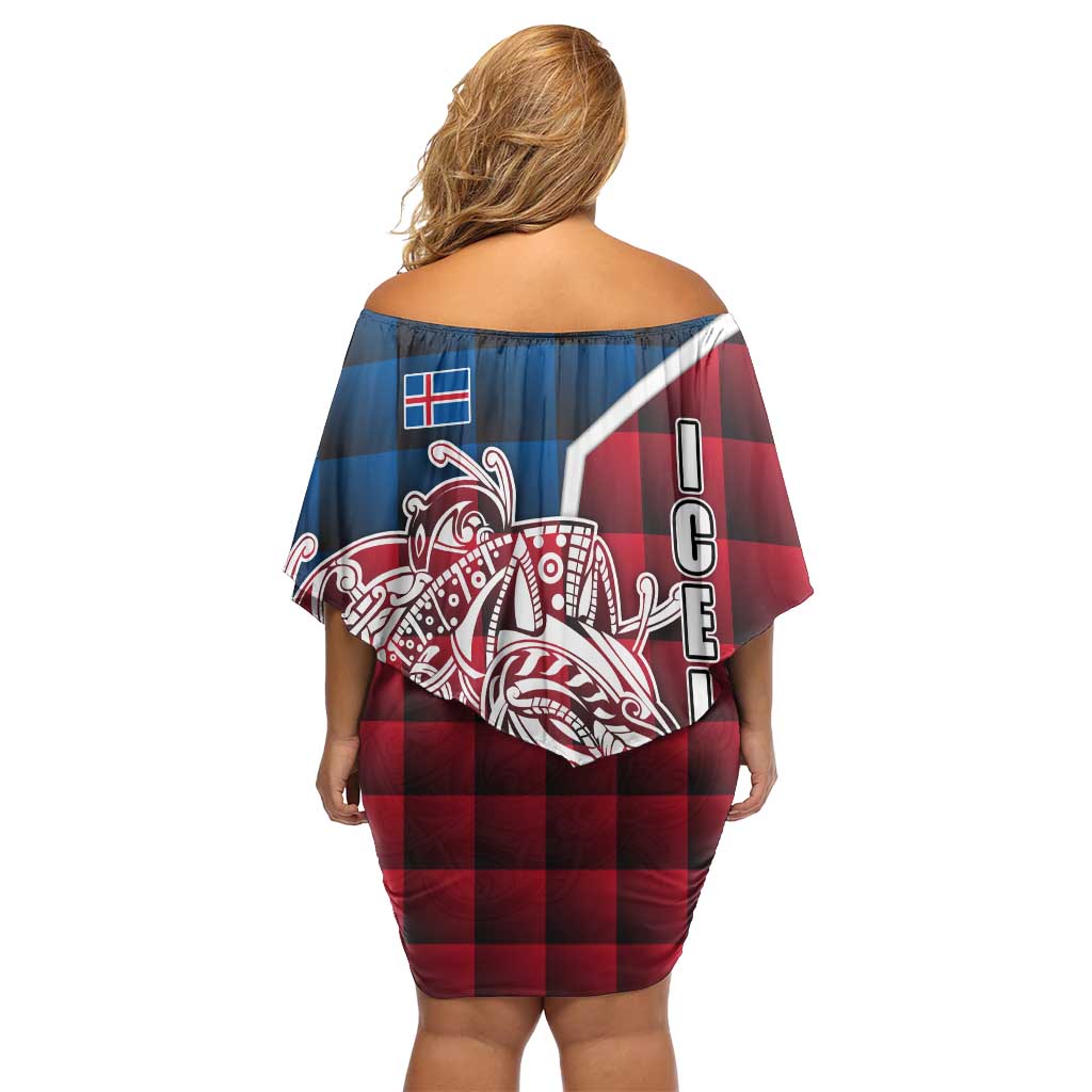 Iceland Crest Family Matching Off Shoulder Short Dress and Hawaiian Shirt with Viking Dragon and Icelandic Flag Plaid Pattern - Wonder Print Shop