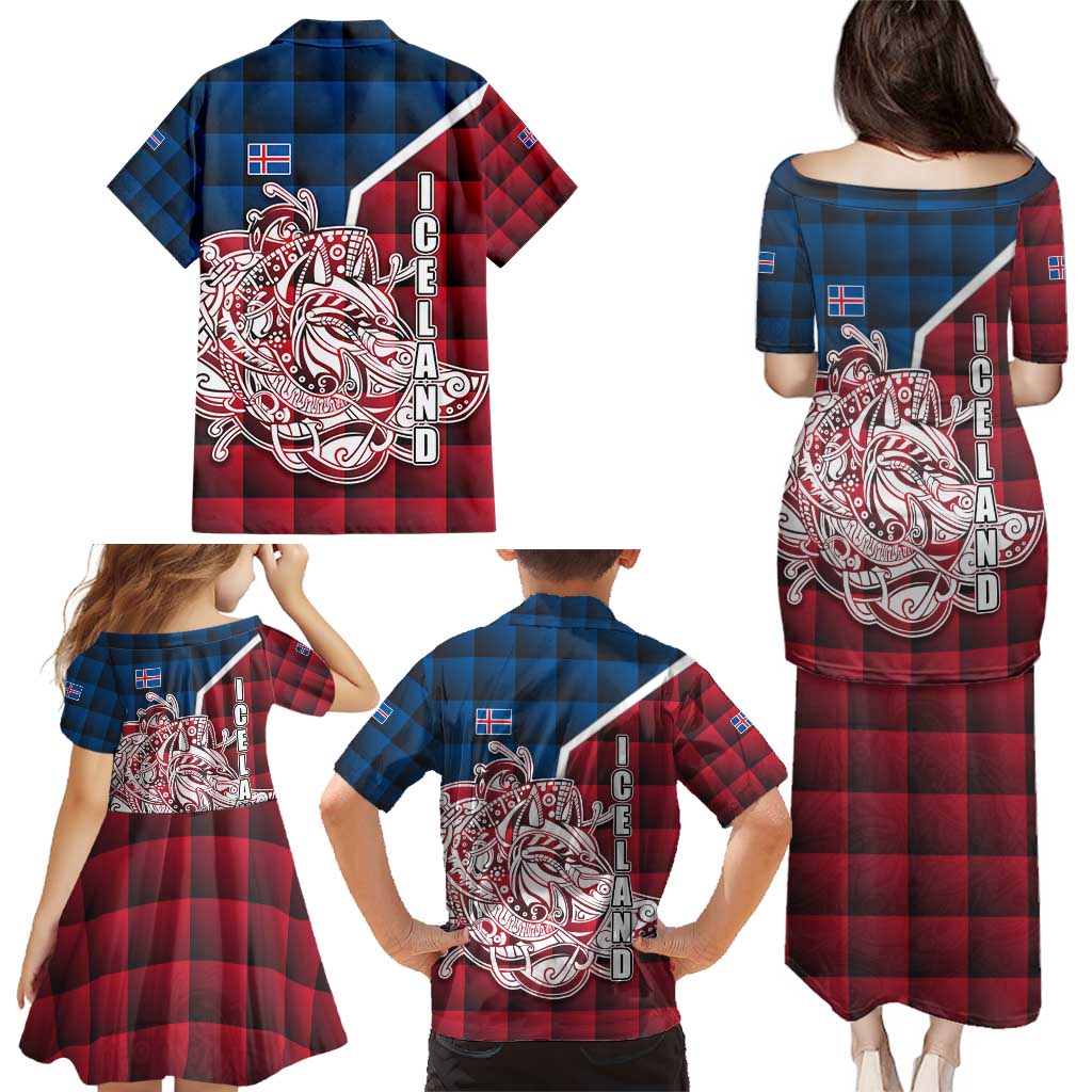 Iceland Crest Family Matching Puletasi and Hawaiian Shirt with Viking Dragon and Icelandic Flag Plaid Pattern - Wonder Print Shop