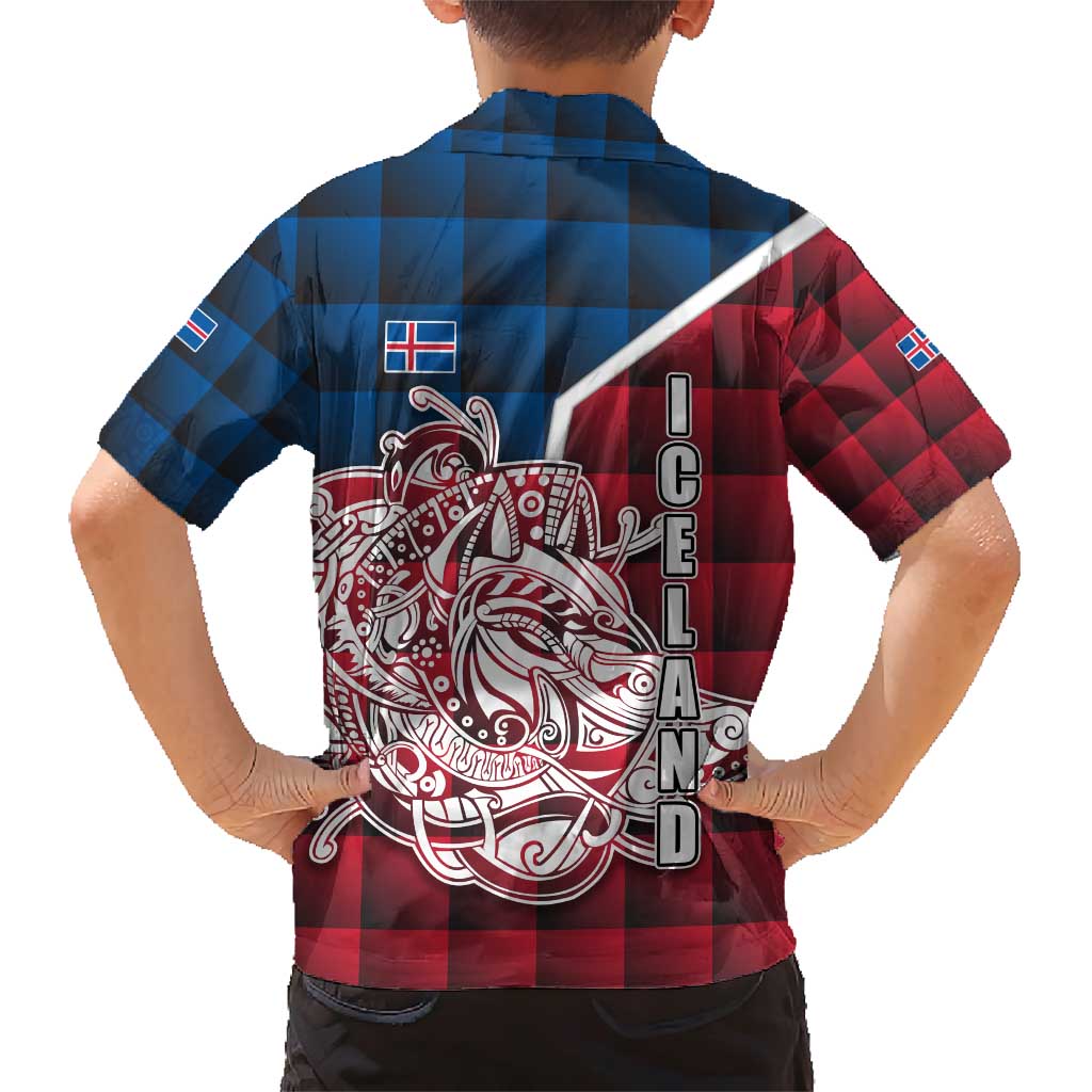 Iceland Crest Family Matching Short Sleeve Bodycon Dress and Hawaiian Shirt with Viking Dragon and Icelandic Flag Plaid Pattern - Wonder Print Shop