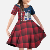 Iceland Crest Family Matching Short Sleeve Bodycon Dress and Hawaiian Shirt with Viking Dragon and Icelandic Flag Plaid Pattern - Wonder Print Shop