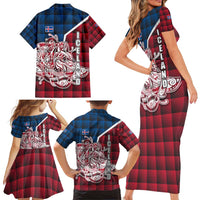 Iceland Crest Family Matching Short Sleeve Bodycon Dress and Hawaiian Shirt with Viking Dragon and Icelandic Flag Plaid Pattern - Wonder Print Shop