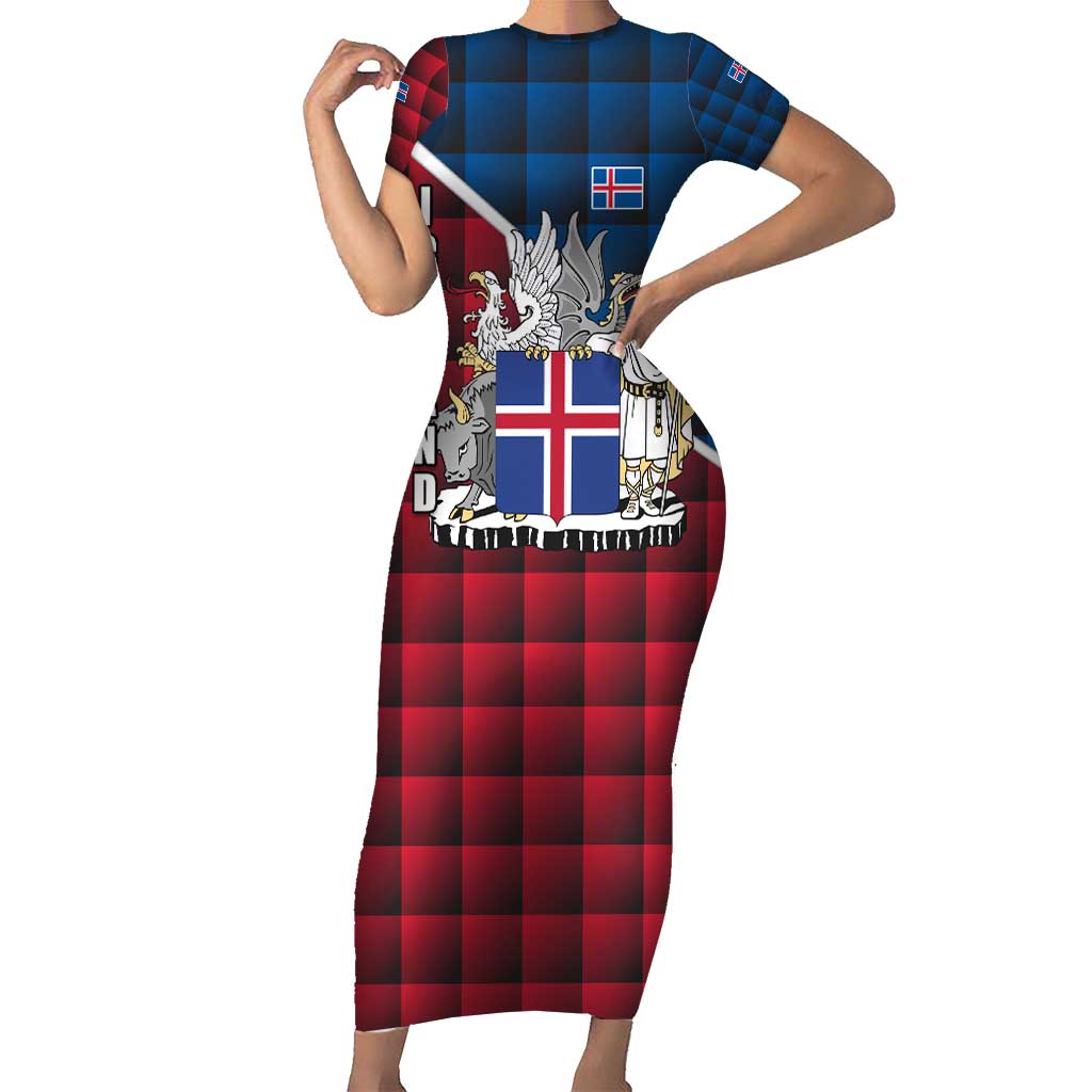 Iceland Crest Family Matching Short Sleeve Bodycon Dress and Hawaiian Shirt with Viking Dragon and Icelandic Flag Plaid Pattern - Wonder Print Shop