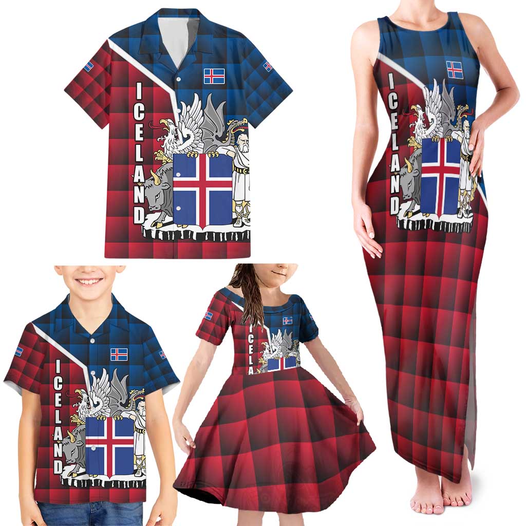 Iceland Crest Family Matching Tank Maxi Dress and Hawaiian Shirt with Viking Dragon and Icelandic Flag Plaid Pattern - Wonder Print Shop
