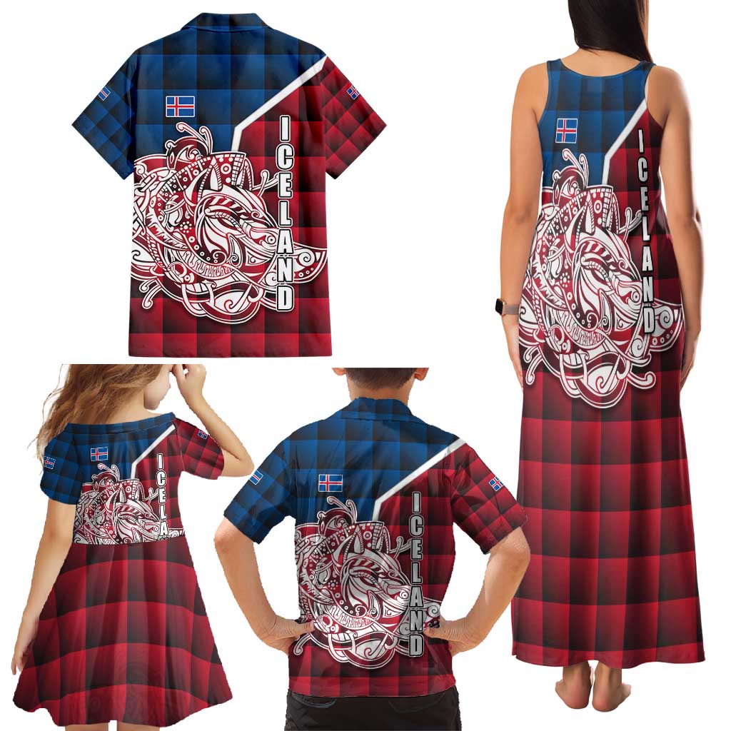 Iceland Crest Family Matching Tank Maxi Dress and Hawaiian Shirt with Viking Dragon and Icelandic Flag Plaid Pattern - Wonder Print Shop
