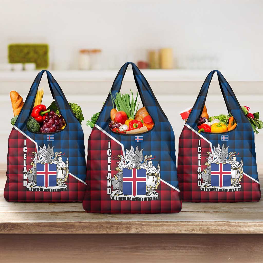 Iceland Crest Grocery Bag with Viking Dragon and Icelandic Flag Plaid Pattern - Wonder Print Shop