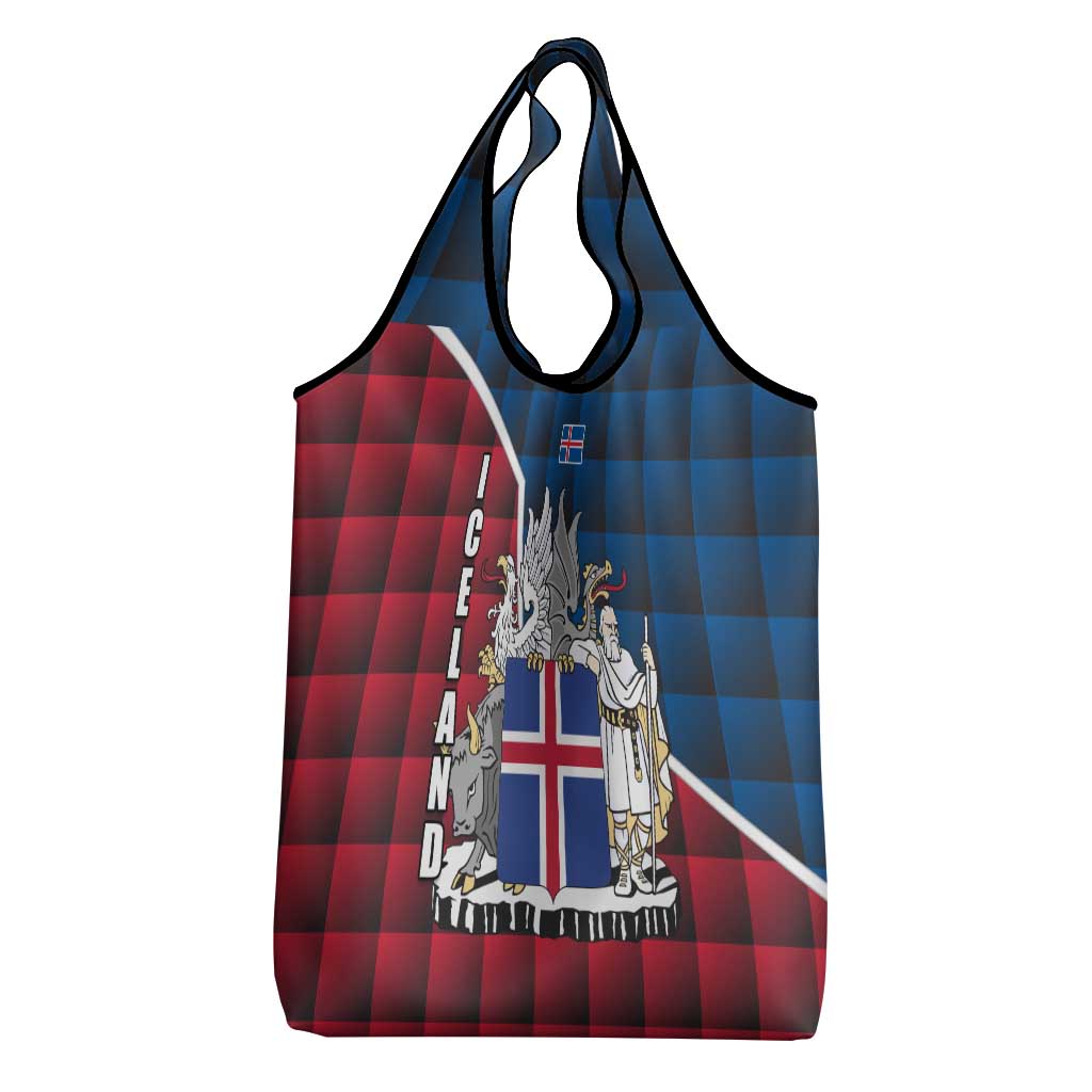 Iceland Crest Grocery Bag with Viking Dragon and Icelandic Flag Plaid Pattern - Wonder Print Shop