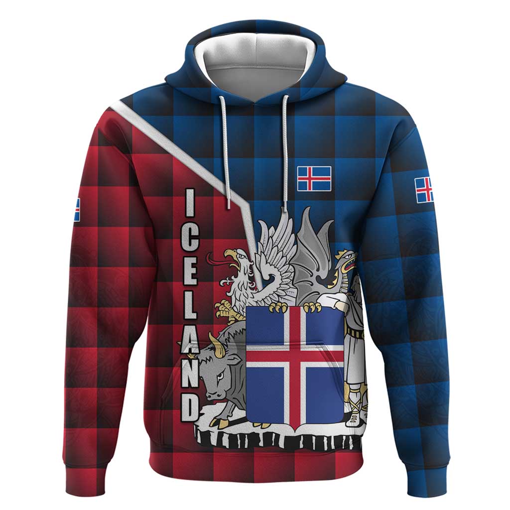 Iceland Crest Hoodie with Viking Dragon and Icelandic Flag Plaid Pattern - Wonder Print Shop