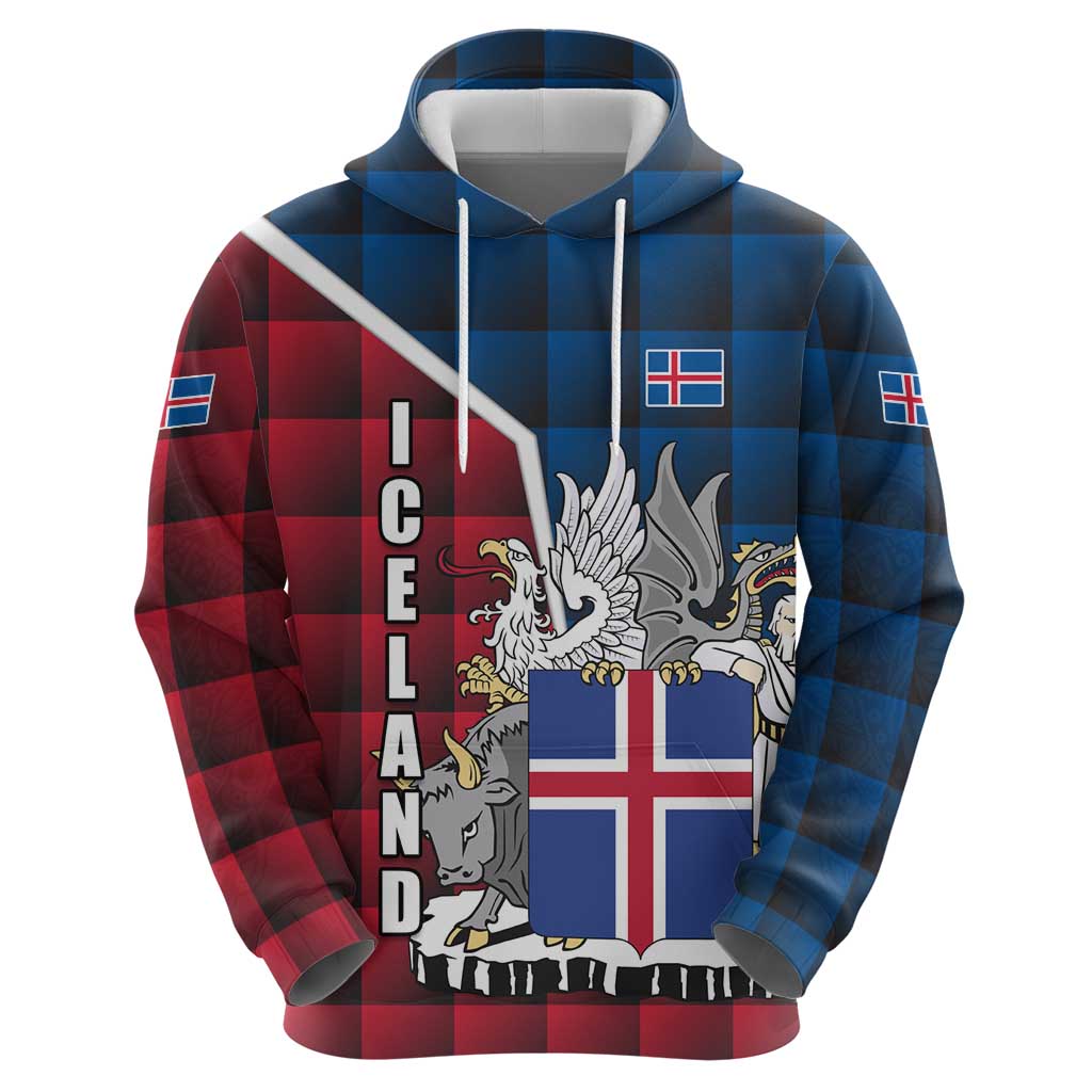 Iceland Crest Hoodie with Viking Dragon and Icelandic Flag Plaid Pattern - Wonder Print Shop