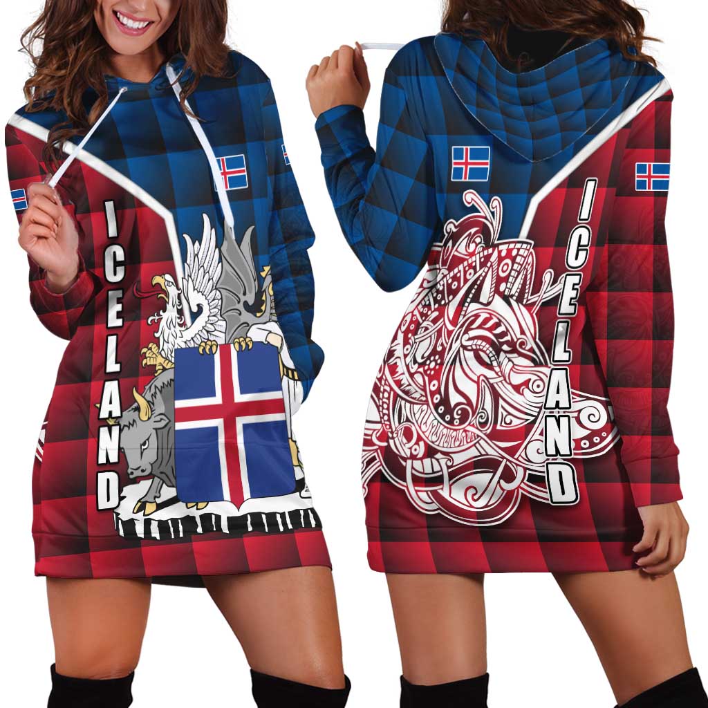 Iceland Crest Hoodie Dress with Viking Dragon and Icelandic Flag Plaid Pattern - Wonder Print Shop