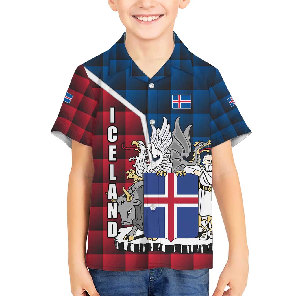 Iceland Crest Kid Hawaiian Shirt with Viking Dragon and Icelandic Flag Plaid Pattern - Wonder Print Shop