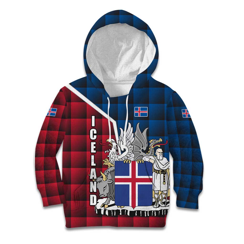 Iceland Crest Kid Hoodie with Viking Dragon and Icelandic Flag Plaid Pattern - Wonder Print Shop