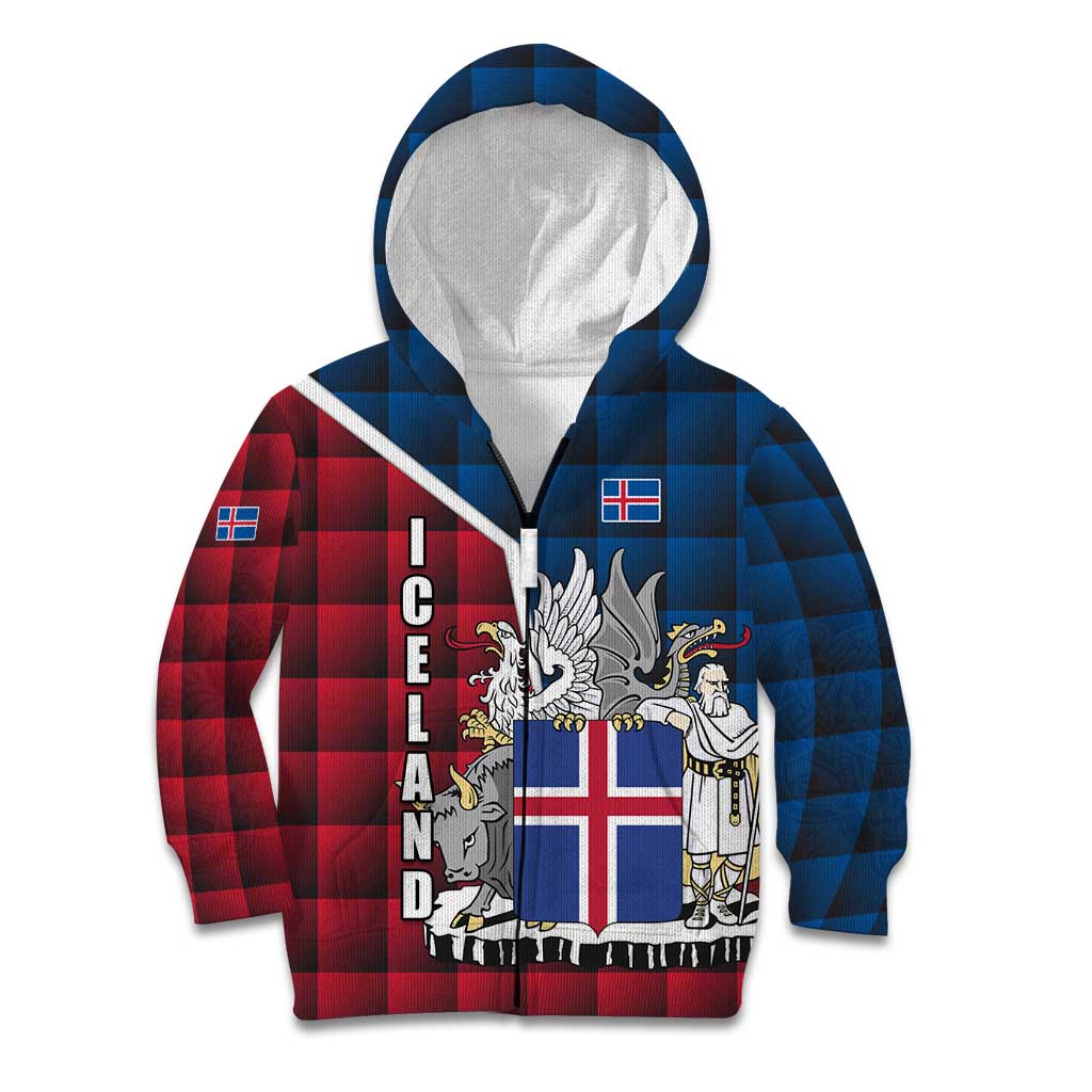 Iceland Crest Kid Hoodie with Viking Dragon and Icelandic Flag Plaid Pattern - Wonder Print Shop