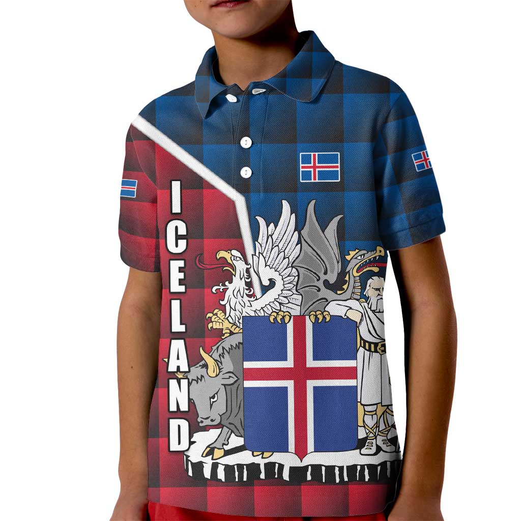 Iceland Crest Kid Polo Shirt with Viking Dragon and Icelandic Flag Plaid Pattern - Wonder Print Shop