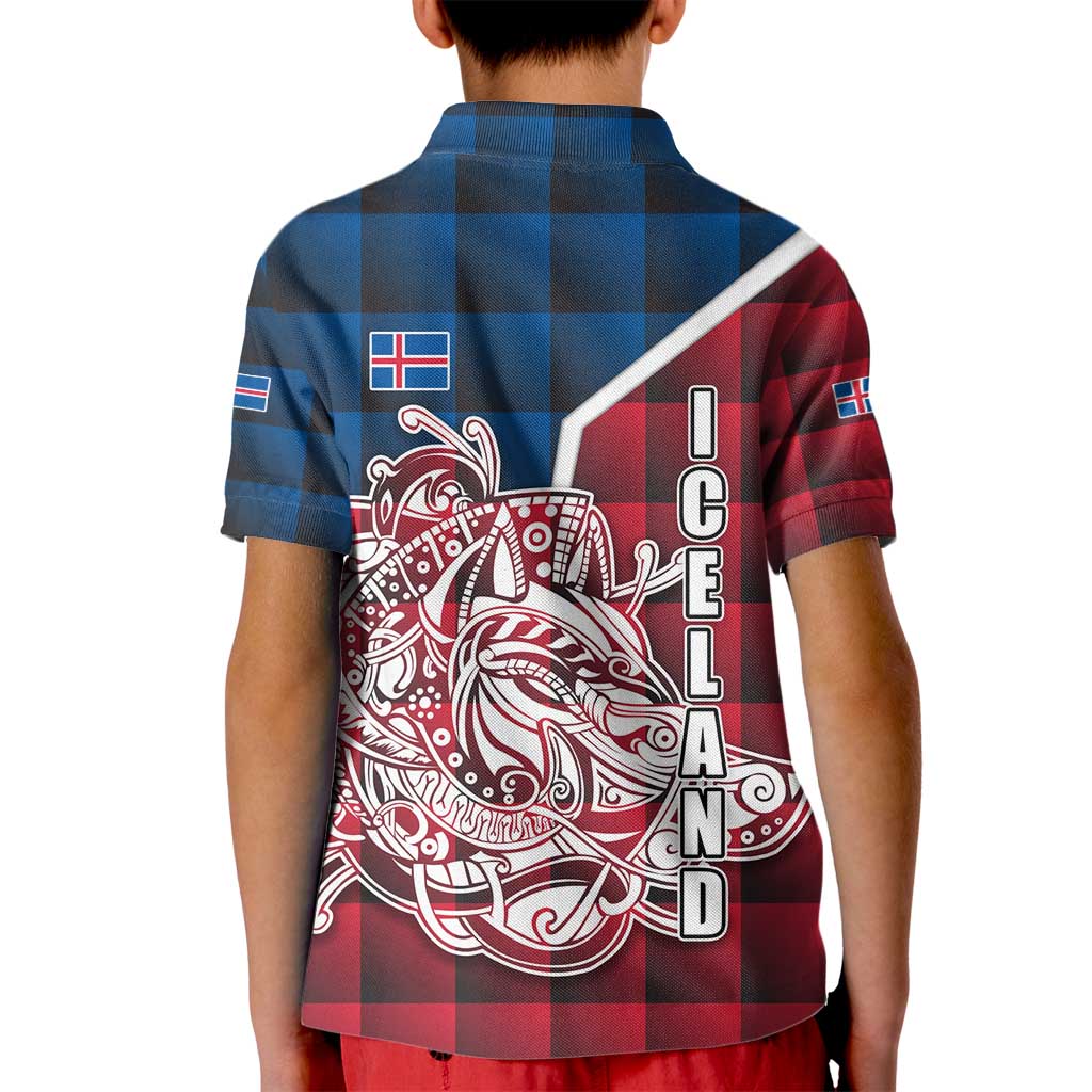 Iceland Crest Kid Polo Shirt with Viking Dragon and Icelandic Flag Plaid Pattern - Wonder Print Shop