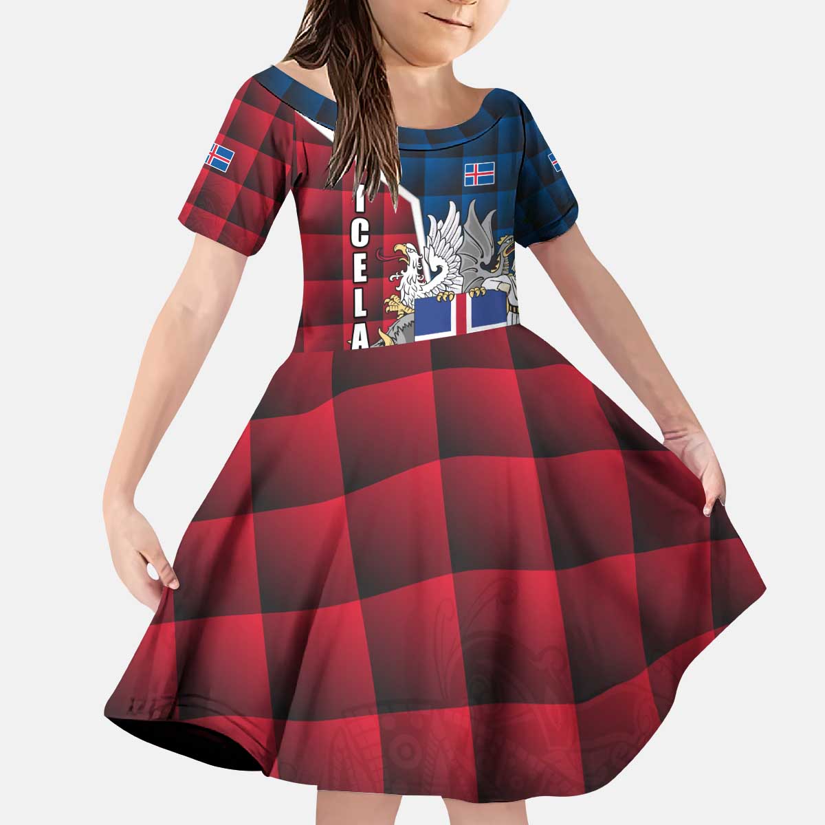 Iceland Crest Kid Short Sleeve Dress with Viking Dragon and Icelandic Flag Plaid Pattern - Wonder Print Shop