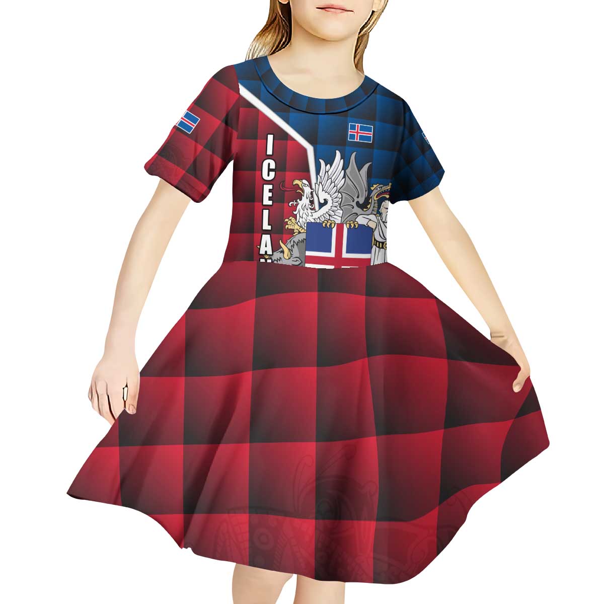 Iceland Crest Kid Short Sleeve Dress with Viking Dragon and Icelandic Flag Plaid Pattern - Wonder Print Shop