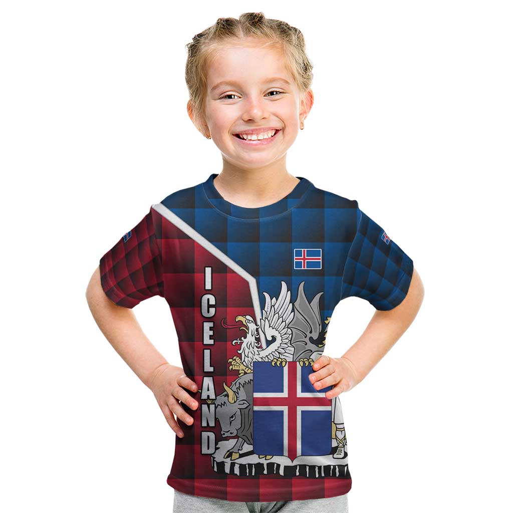 Iceland Crest Kid T Shirt with Viking Dragon and Icelandic Flag Plaid Pattern - Wonder Print Shop