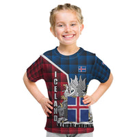 Iceland Crest Kid T Shirt with Viking Dragon and Icelandic Flag Plaid Pattern - Wonder Print Shop