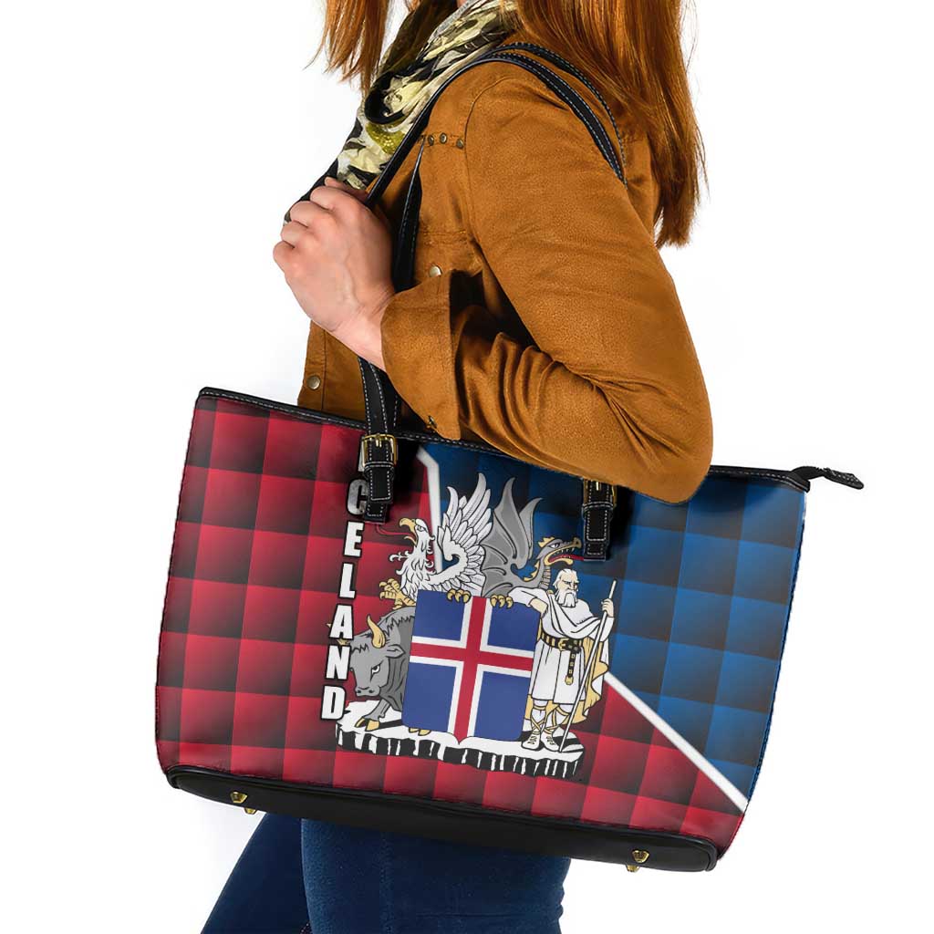 Iceland Crest Leather Tote Bag with Viking Dragon and Icelandic Flag Plaid Pattern - Wonder Print Shop