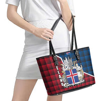 Iceland Crest Leather Tote Bag with Viking Dragon and Icelandic Flag Plaid Pattern - Wonder Print Shop