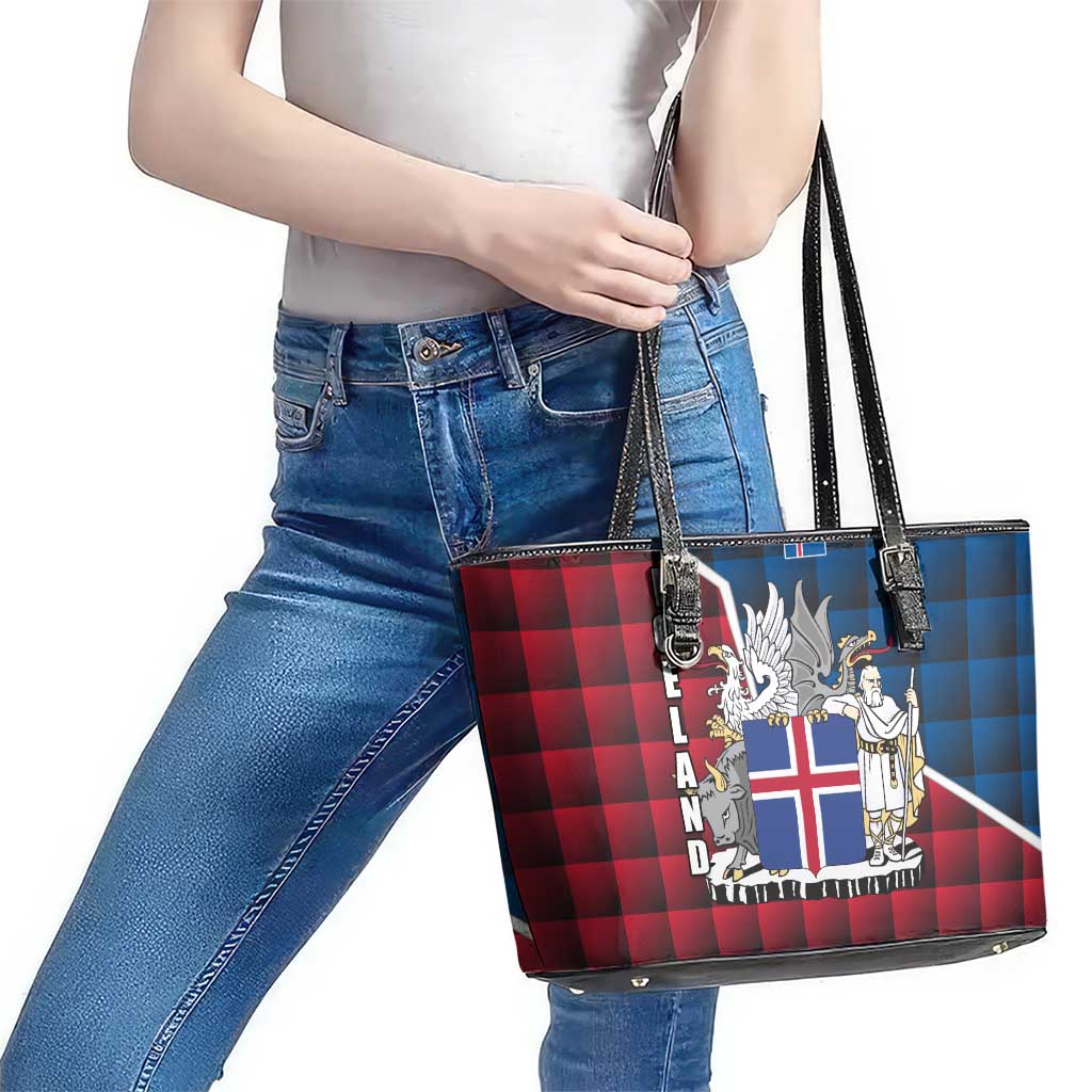 Iceland Crest Leather Tote Bag with Viking Dragon and Icelandic Flag Plaid Pattern - Wonder Print Shop