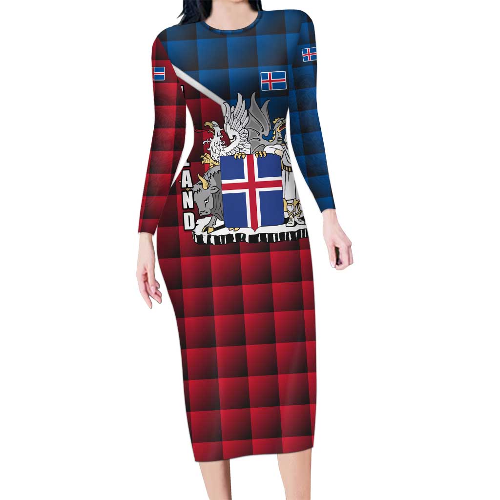 Iceland Crest Long Sleeve Bodycon Dress with Viking Dragon and Icelandic Flag Plaid Pattern - Wonder Print Shop