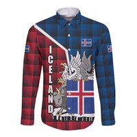 Iceland Crest Long Sleeve Button Shirt with Viking Dragon and Icelandic Flag Plaid Pattern - Wonder Print Shop