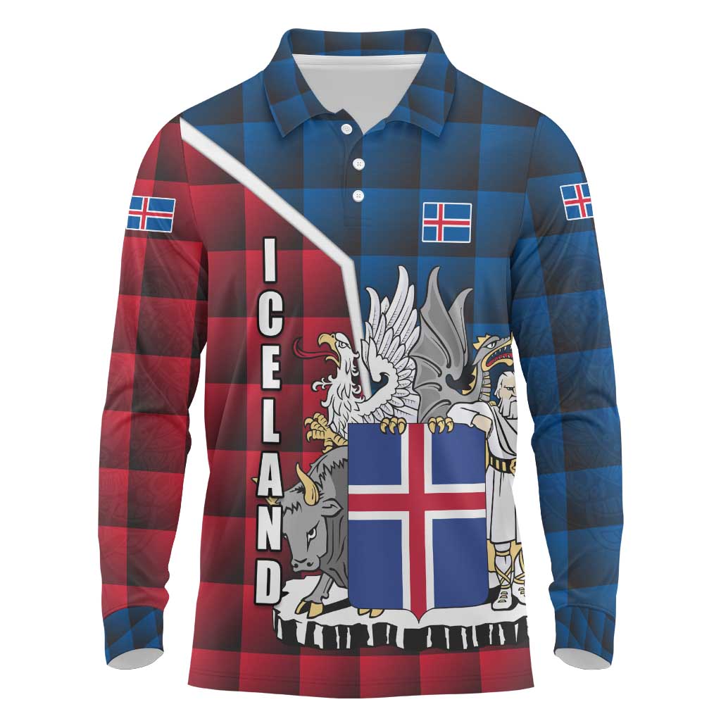 Iceland Crest Long Sleeve Polo Shirt with Viking Dragon and Icelandic Flag Plaid Pattern - Wonder Print Shop