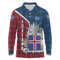 Iceland Crest Long Sleeve Polo Shirt with Viking Dragon and Icelandic Flag Plaid Pattern - Wonder Print Shop