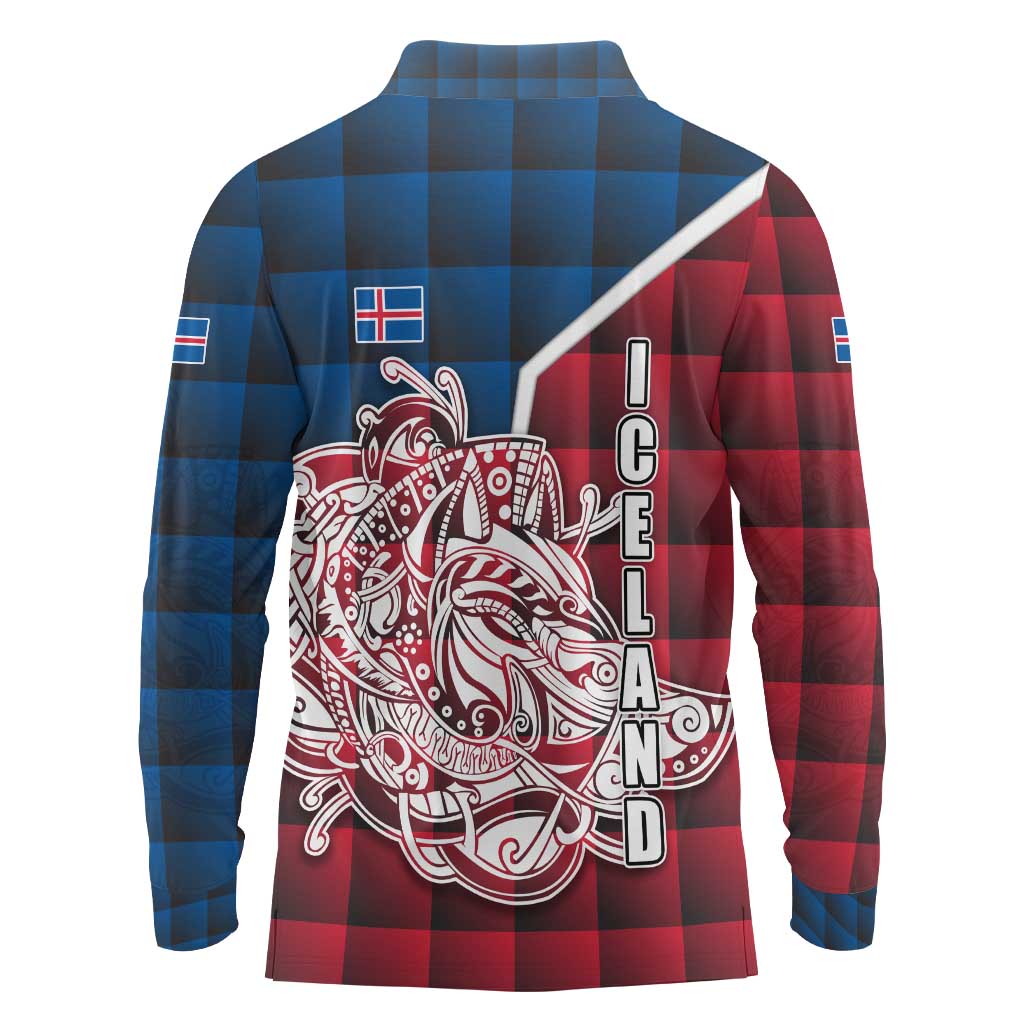 Iceland Crest Long Sleeve Polo Shirt with Viking Dragon and Icelandic Flag Plaid Pattern - Wonder Print Shop