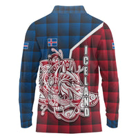 Iceland Crest Long Sleeve Polo Shirt with Viking Dragon and Icelandic Flag Plaid Pattern - Wonder Print Shop