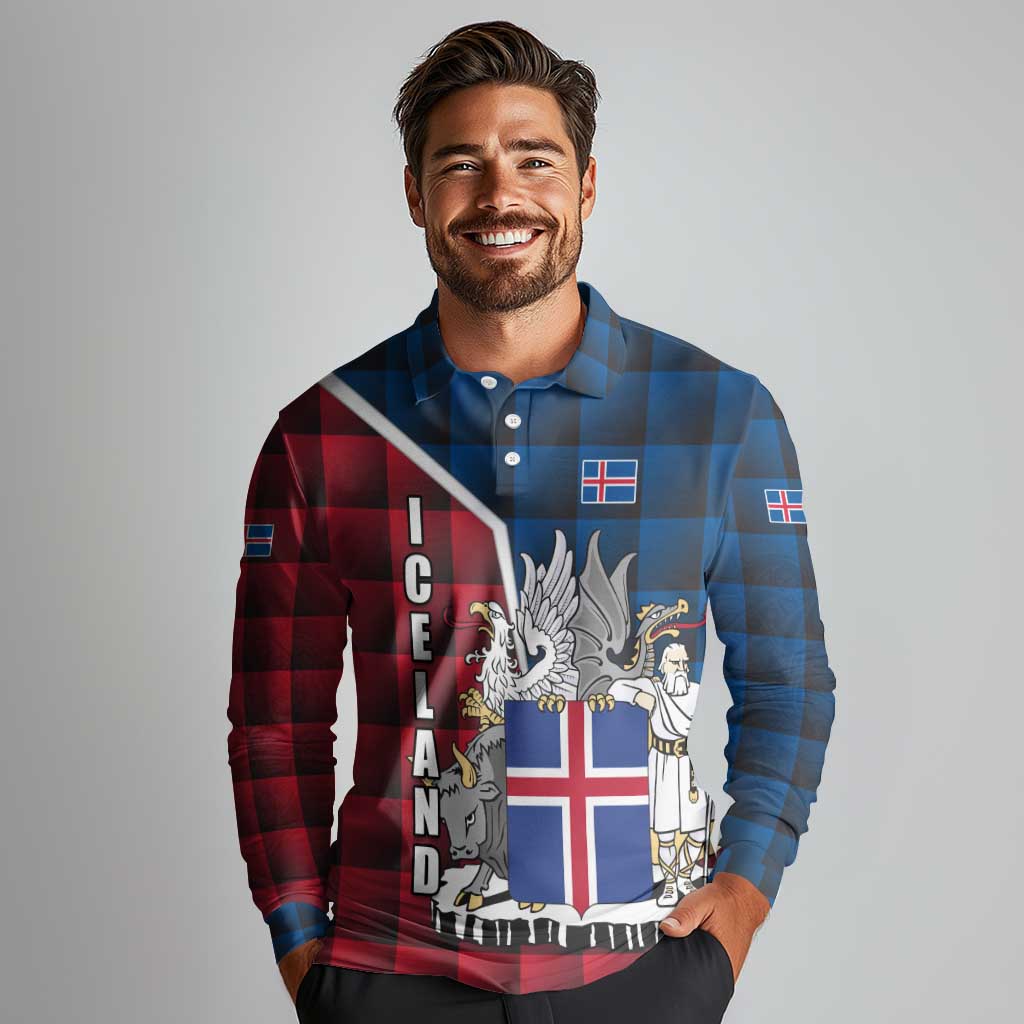 Iceland Crest Long Sleeve Polo Shirt with Viking Dragon and Icelandic Flag Plaid Pattern - Wonder Print Shop