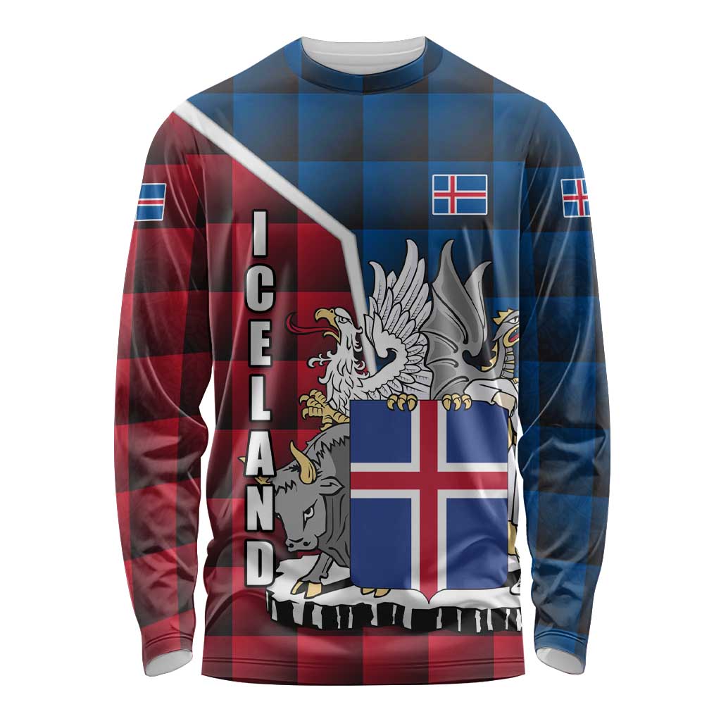 Iceland Crest Long Sleeve Shirt with Viking Dragon and Icelandic Flag Plaid Pattern - Wonder Print Shop