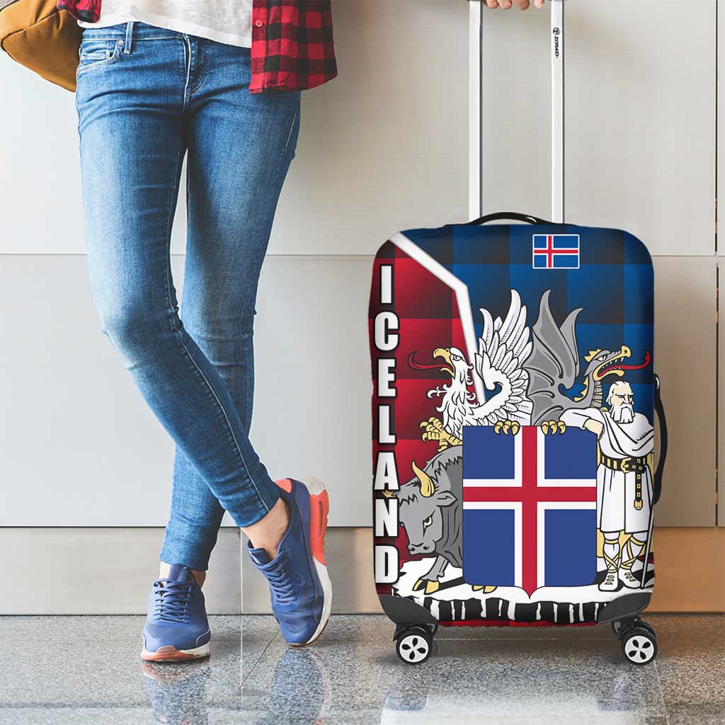 Iceland Crest Luggage Cover with Viking Dragon and Icelandic Flag Plaid Pattern - Wonder Print Shop
