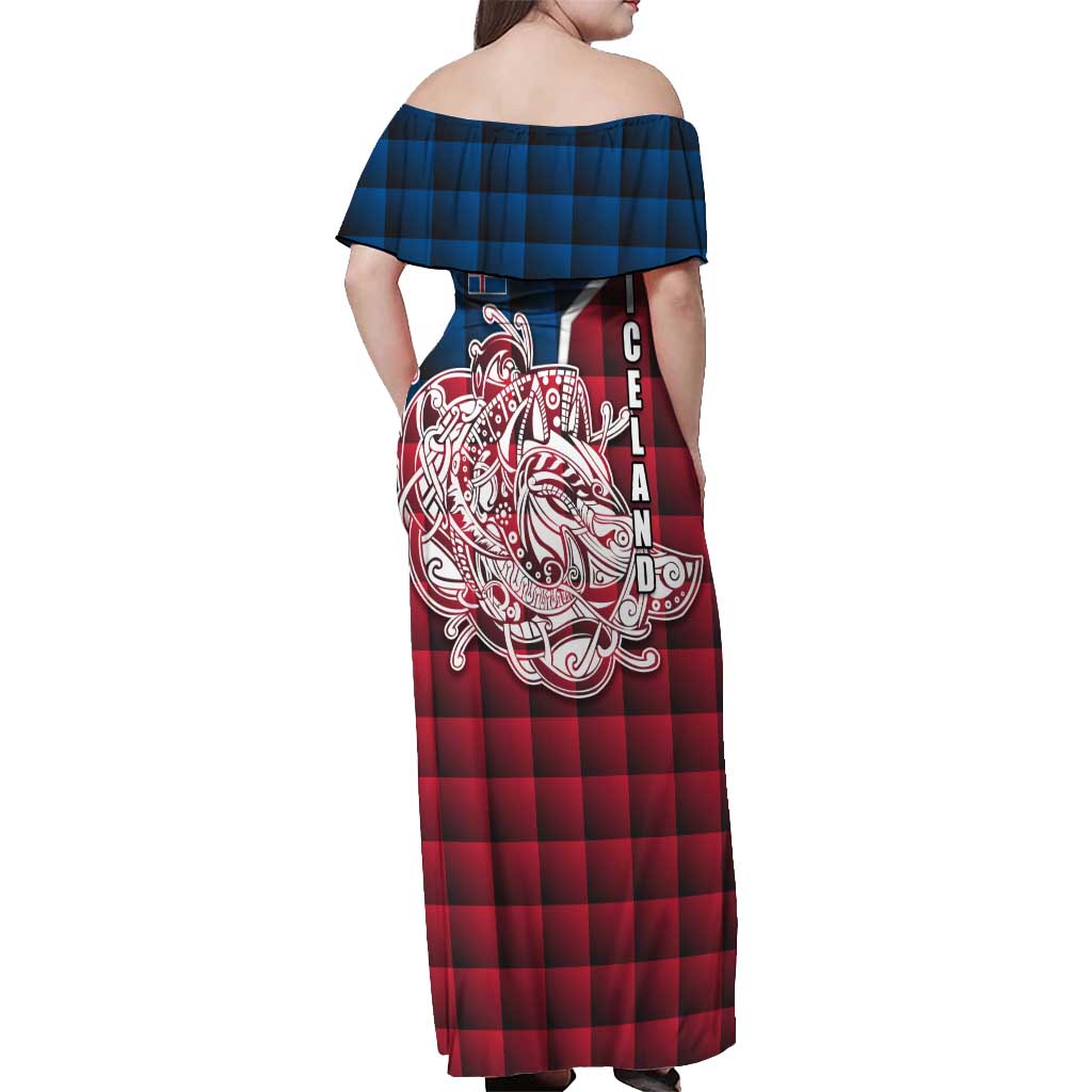 Iceland Crest Off Shoulder Maxi Dress with Viking Dragon and Icelandic Flag Plaid Pattern - Wonder Print Shop