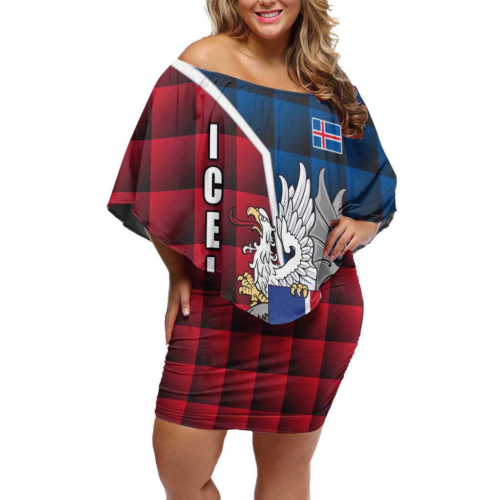 Iceland Crest Off Shoulder Short Dress with Viking Dragon and Icelandic Flag Plaid Pattern - Wonder Print Shop