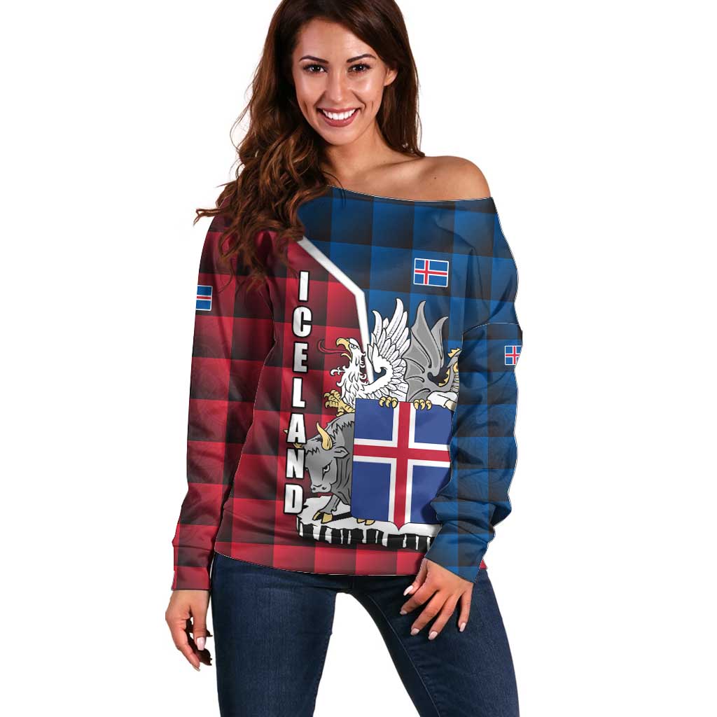 Iceland Crest Off Shoulder Sweater with Viking Dragon and Icelandic Flag Plaid Pattern - Wonder Print Shop