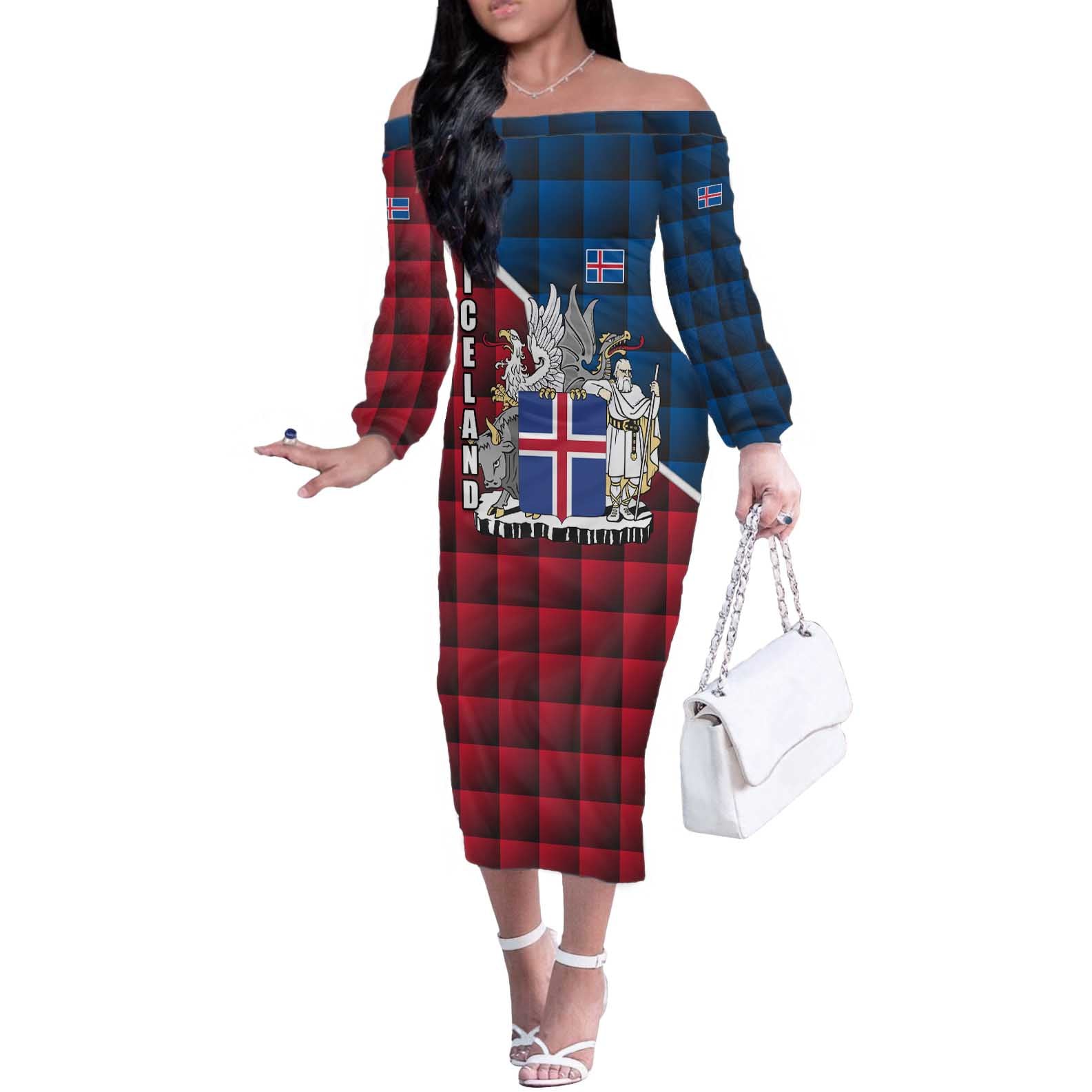 Iceland Crest Off The Shoulder Long Sleeve Dress with Viking Dragon and Icelandic Flag Plaid Pattern - Wonder Print Shop