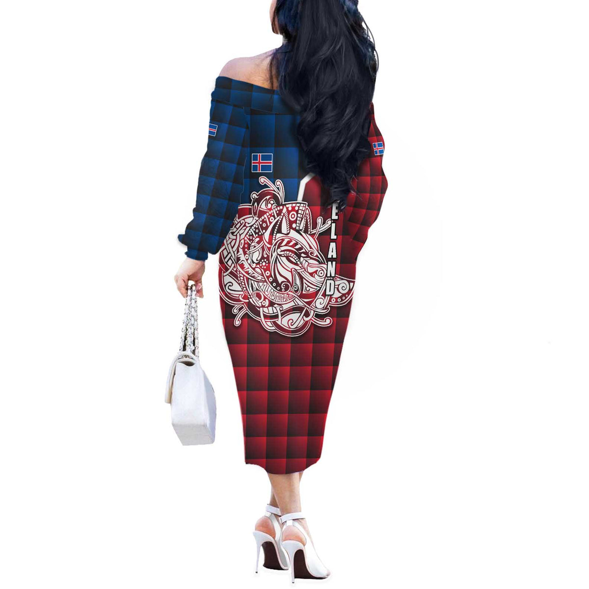 Iceland Crest Off The Shoulder Long Sleeve Dress with Viking Dragon and Icelandic Flag Plaid Pattern - Wonder Print Shop