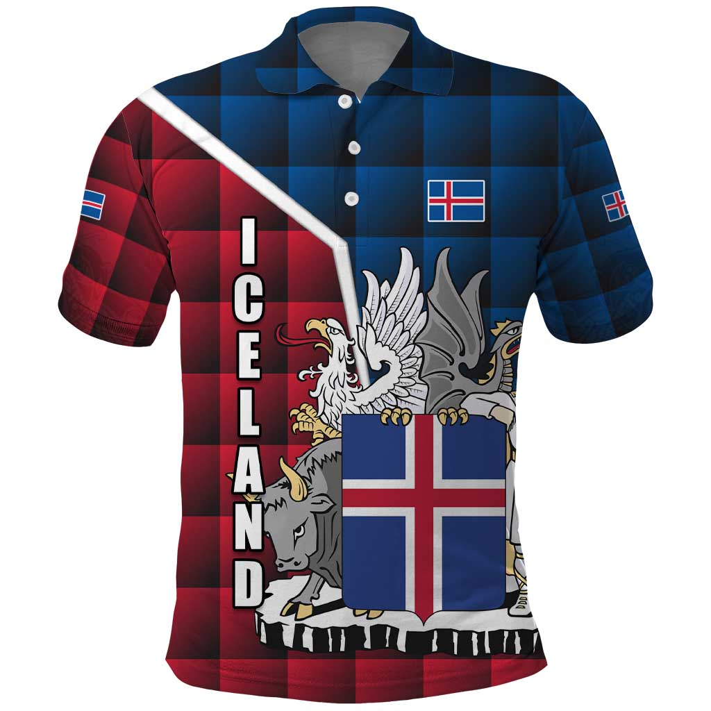 Iceland Crest Polo Shirt with Viking Dragon and Icelandic Flag Plaid Pattern - Wonder Print Shop