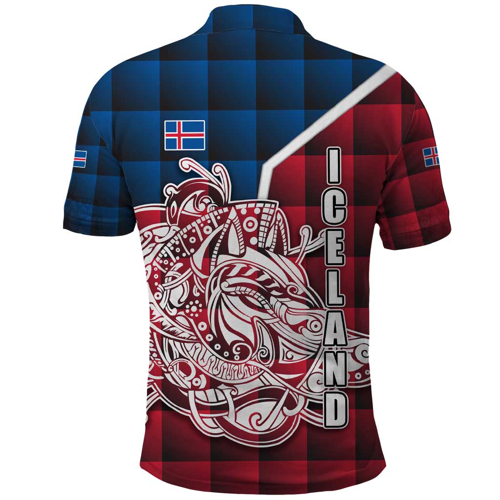 Iceland Crest Polo Shirt with Viking Dragon and Icelandic Flag Plaid Pattern - Wonder Print Shop