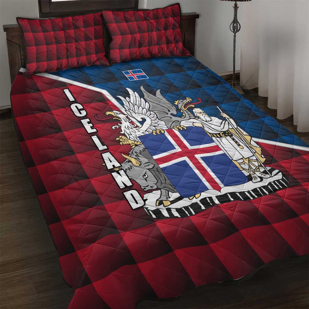 Iceland Crest Quilt Bed Set with Viking Dragon and Icelandic Flag Plaid Pattern - Wonder Print Shop