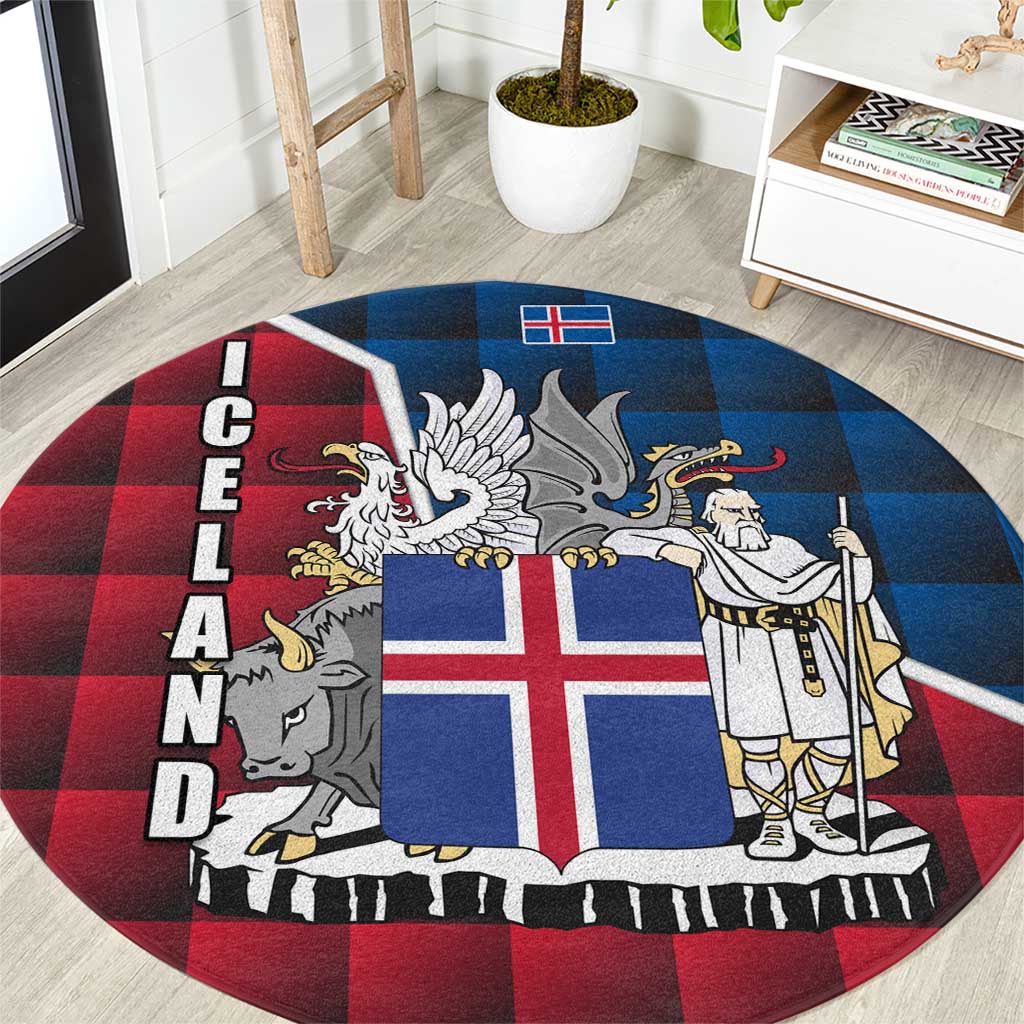 Iceland Crest Round Carpet with Viking Dragon and Icelandic Flag Plaid Pattern - Wonder Print Shop