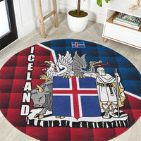 Iceland Crest Round Carpet with Viking Dragon and Icelandic Flag Plaid Pattern - Wonder Print Shop
