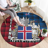 Iceland Crest Round Carpet with Viking Dragon and Icelandic Flag Plaid Pattern - Wonder Print Shop