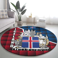 Iceland Crest Round Carpet with Viking Dragon and Icelandic Flag Plaid Pattern - Wonder Print Shop
