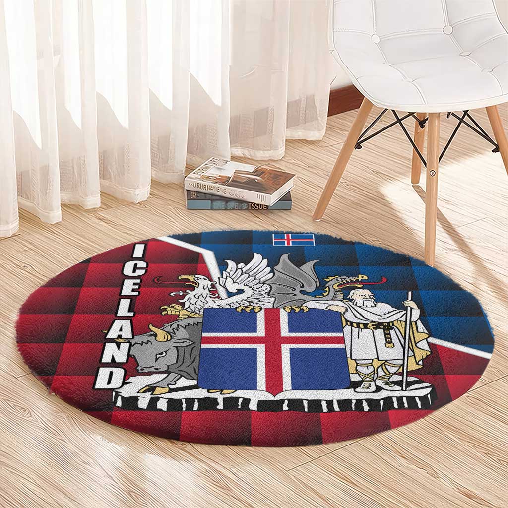 Iceland Crest Round Carpet with Viking Dragon and Icelandic Flag Plaid Pattern - Wonder Print Shop