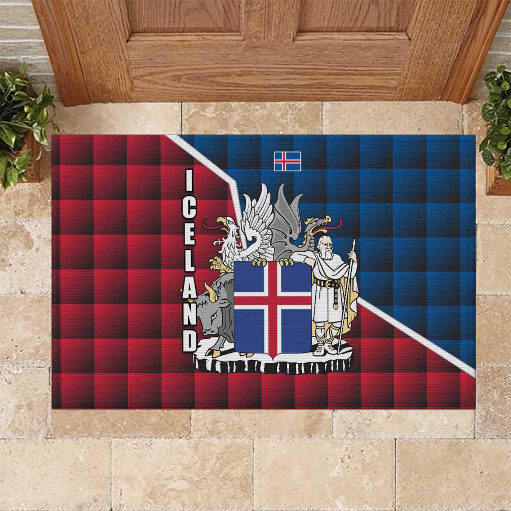 Iceland Crest Rubber Doormat with Viking Dragon and Icelandic Flag Plaid Pattern - Wonder Print Shop